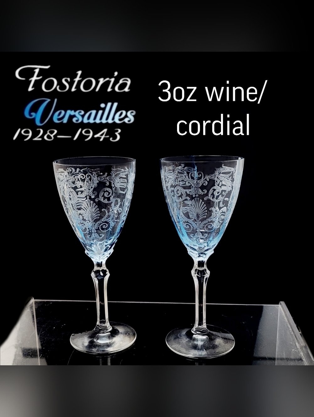 2 Vintage Fostoria Versailles Etched Crystal Wine Glasses -3oz Wine/ Sherry